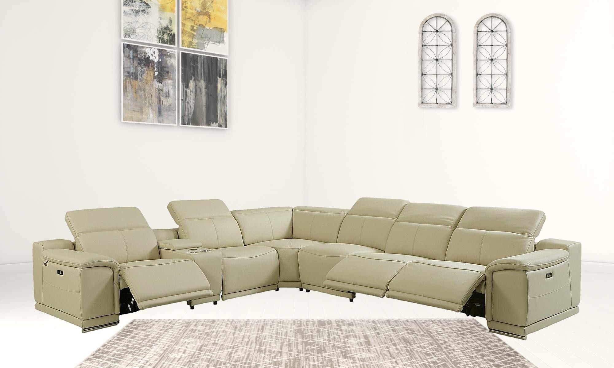 Italian Leather Power Reclining, U Shaped Seven Piece Corner Sectional With Console - Beige