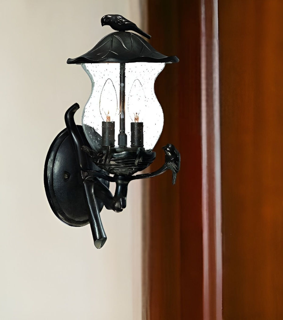 Bird Detail Lantern Wall Light - Matte Black