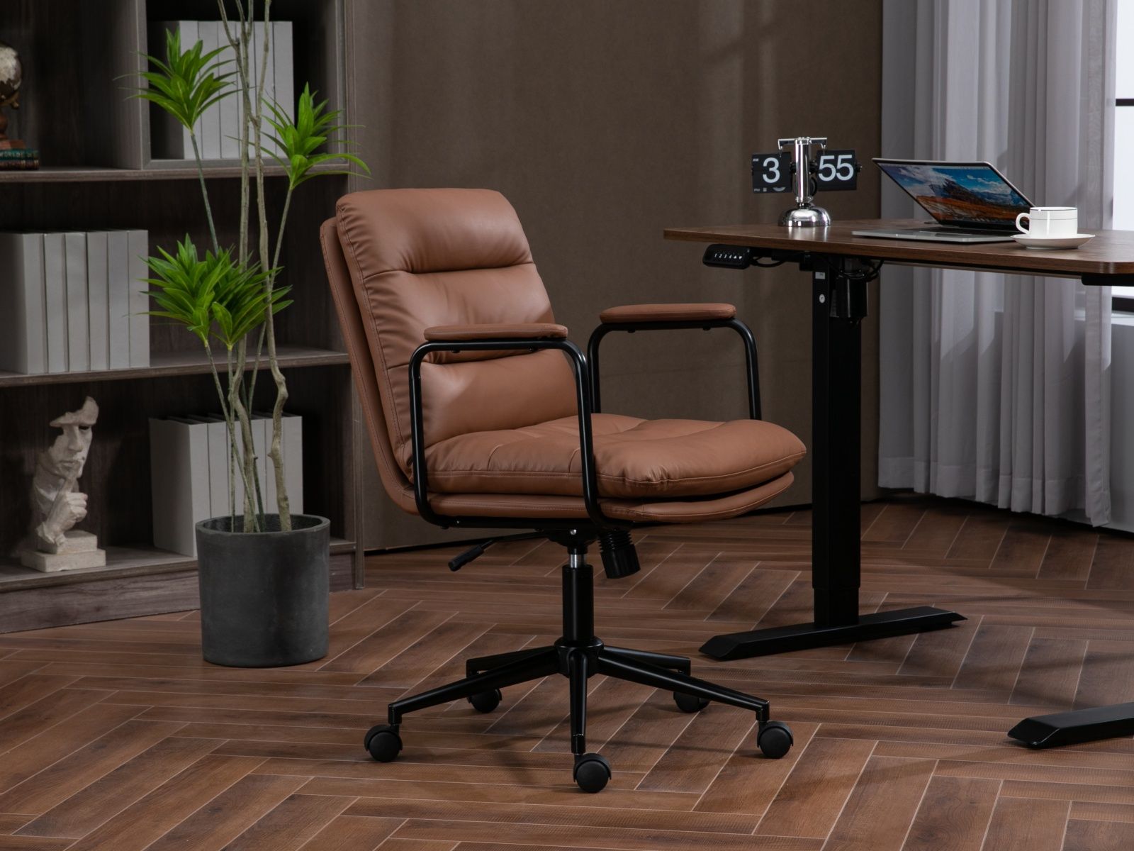 Office Chair, Mid Back Home Office Desk Task Chair With Wheels And Arms Ergonomic PU Leather Computer Rolling Swivel Chair With Padded Armrest