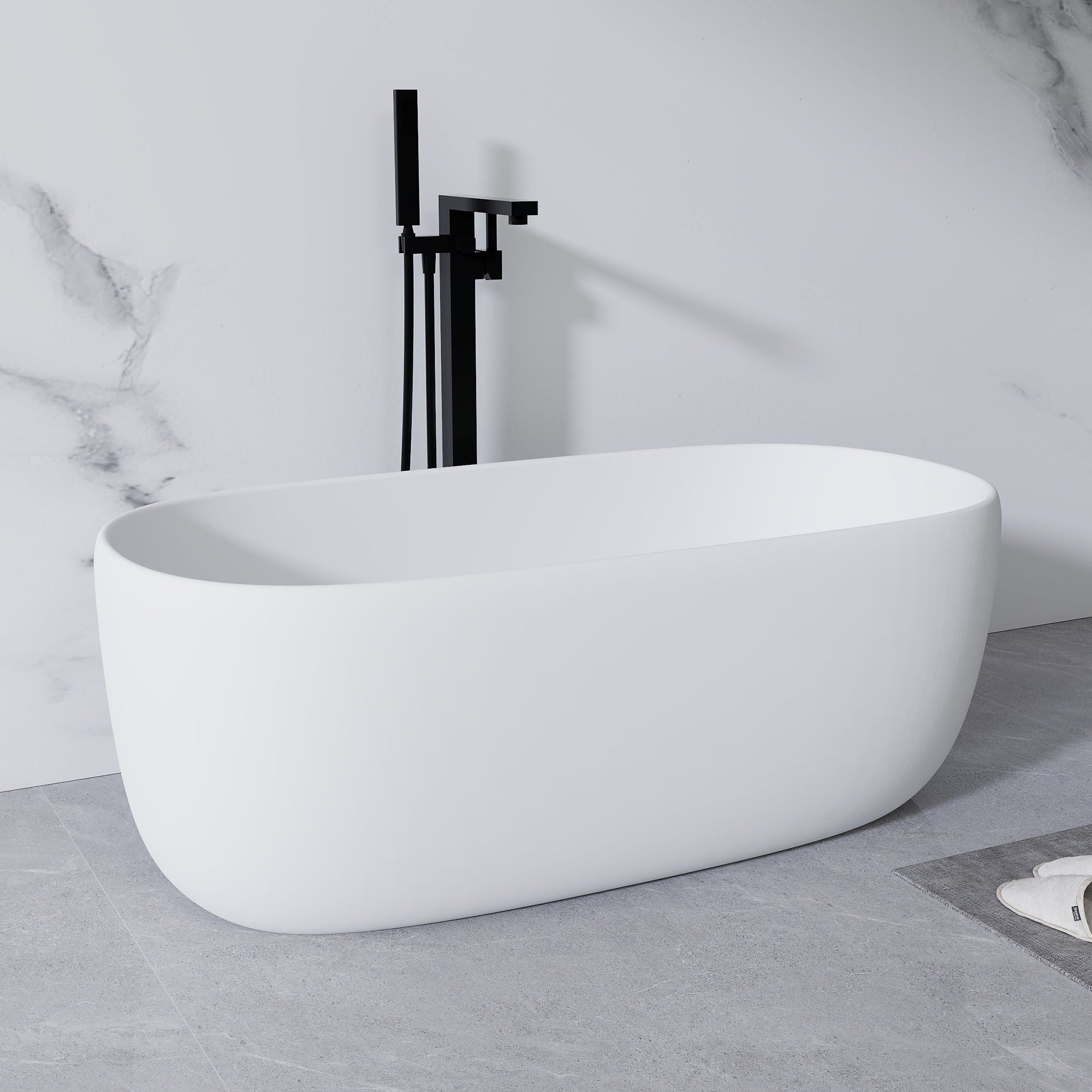 Freestanding Bathtub Resin Stone Soaking Bathtub Solid Surface Modern Tubs With Overflow And Pop-Up Drain - Matte White