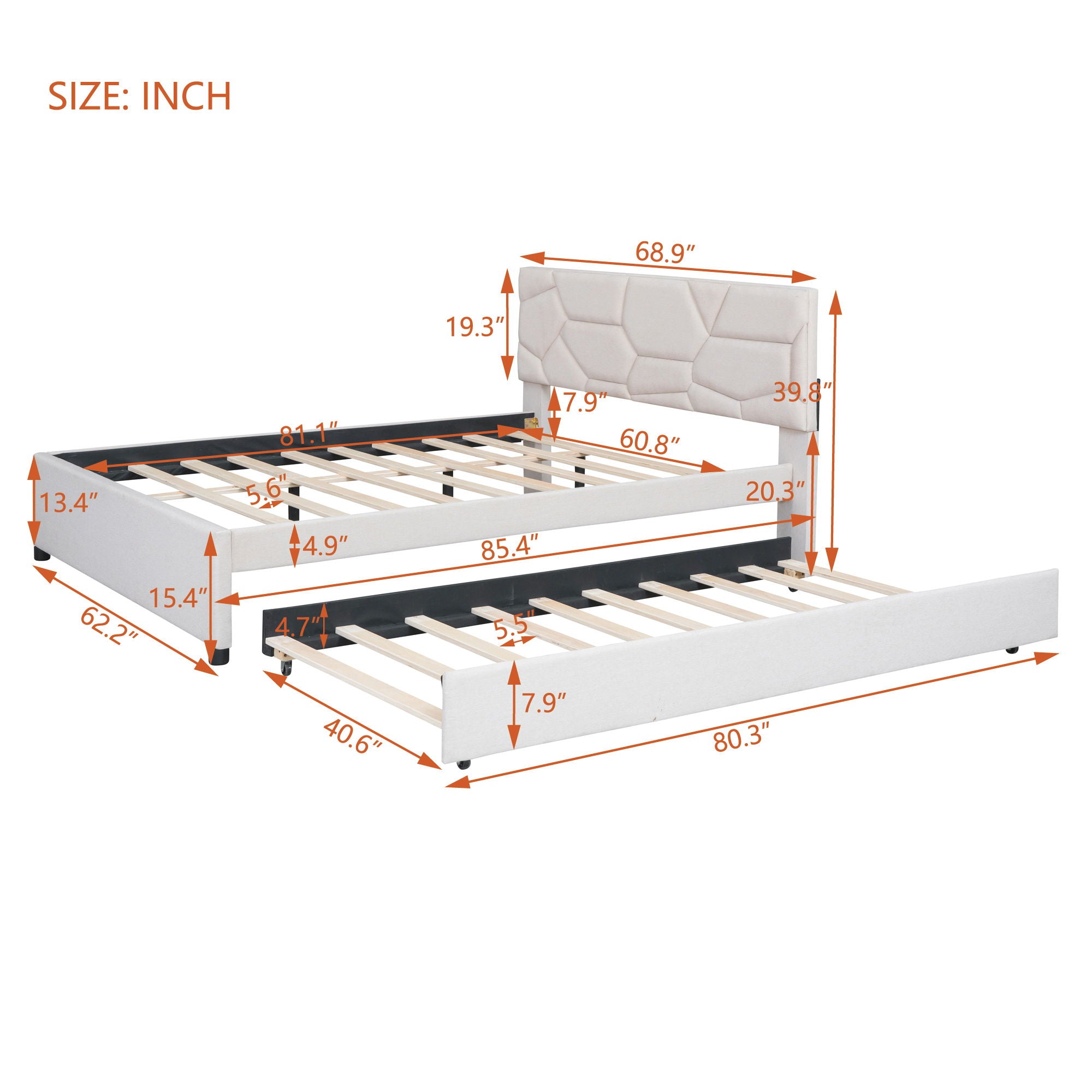 Upholstered Platform Bed With Brick Pattern Headboard And Twin Long Size Trundle