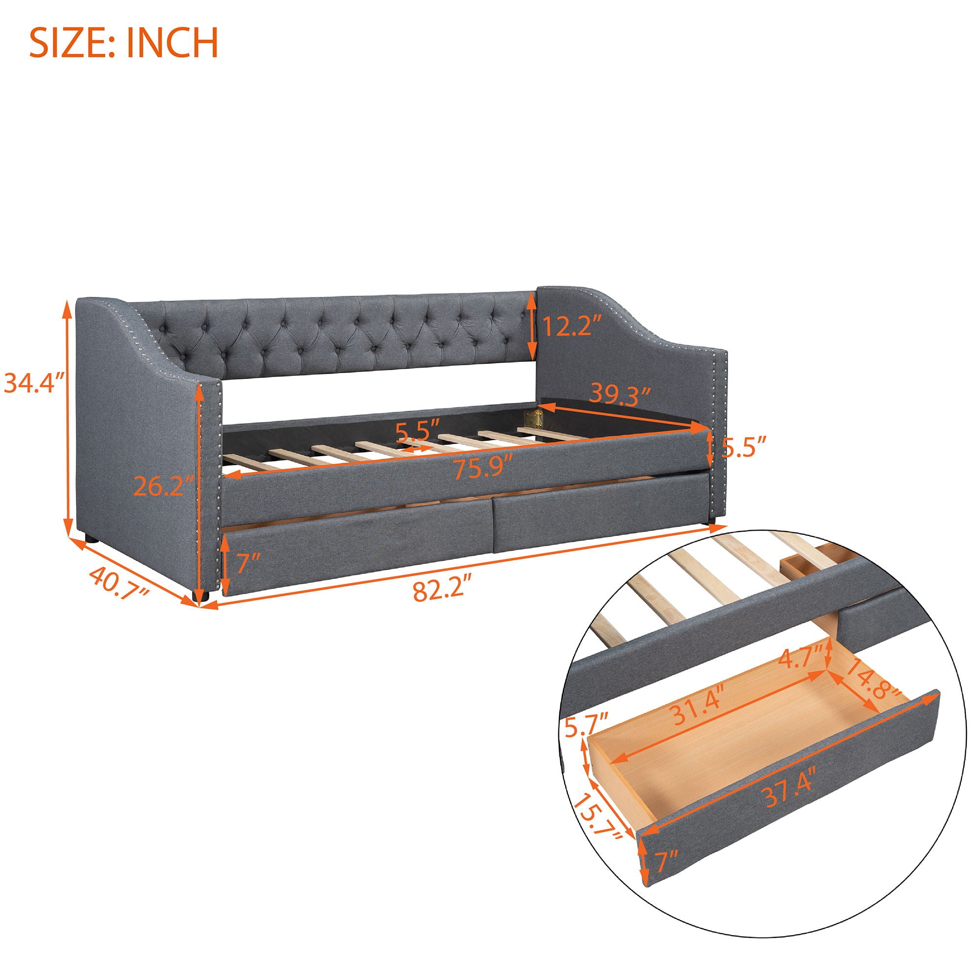 Twin Size Upholstered Daybed With Two Drawers, Wood Slat Support - Gray