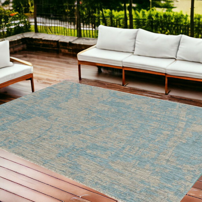 8' X 11' Machine Woven Abstract Strokes Indoor / Outdoor Area Rug - Teal