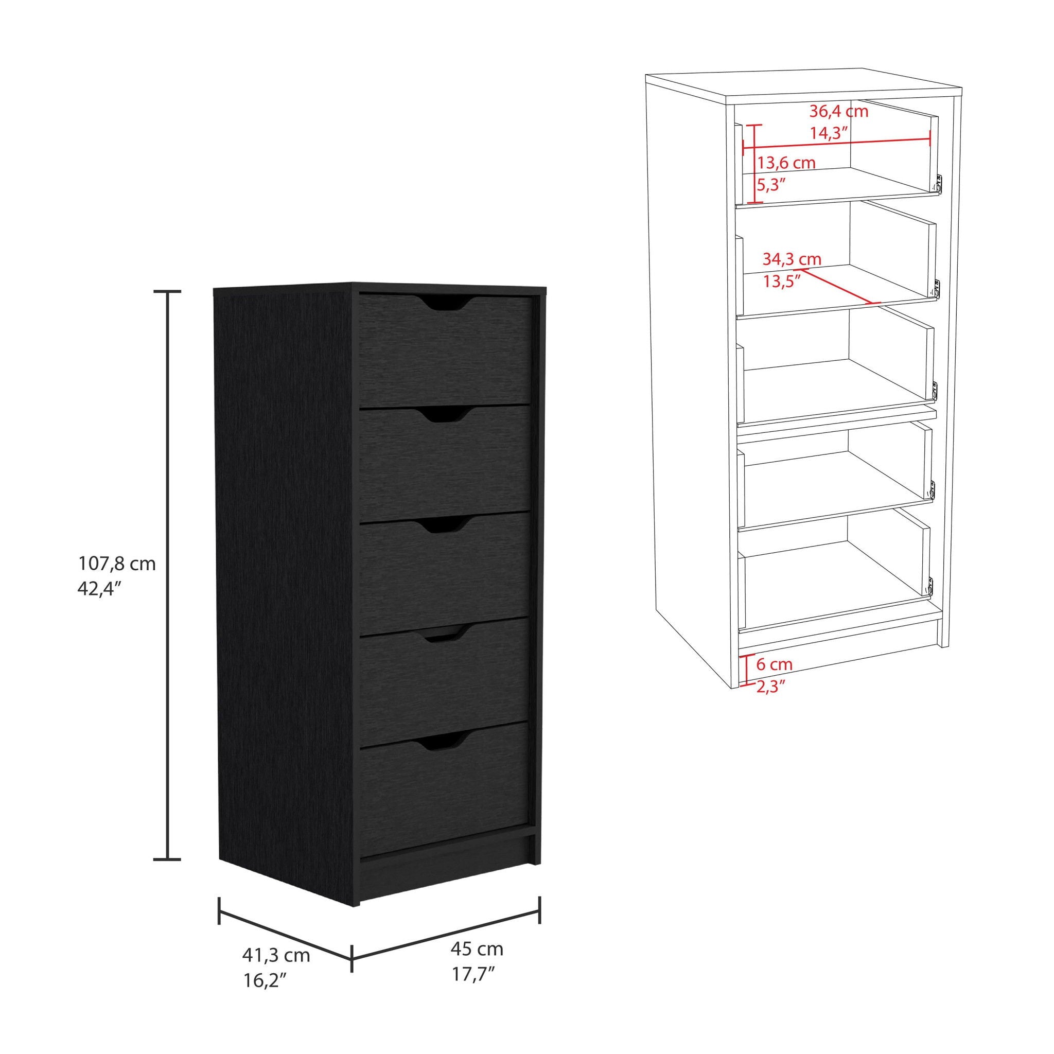 Manufactured Wood Five Drawer Tall And Narrow Dresser - Black Charcoal