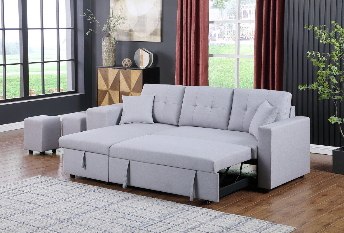 Dennis - Linen Fabric Reversible Sleeper Sectional With Storage Chaise And 2 Stools