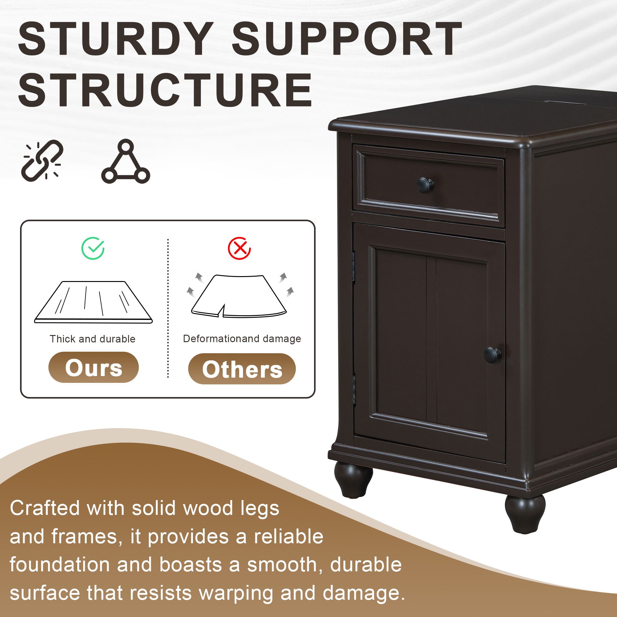 End Table With Solid Wood Legs, Side Table With USB Ports, 1 Storage Cabinet And 1 Drawer For Living Room