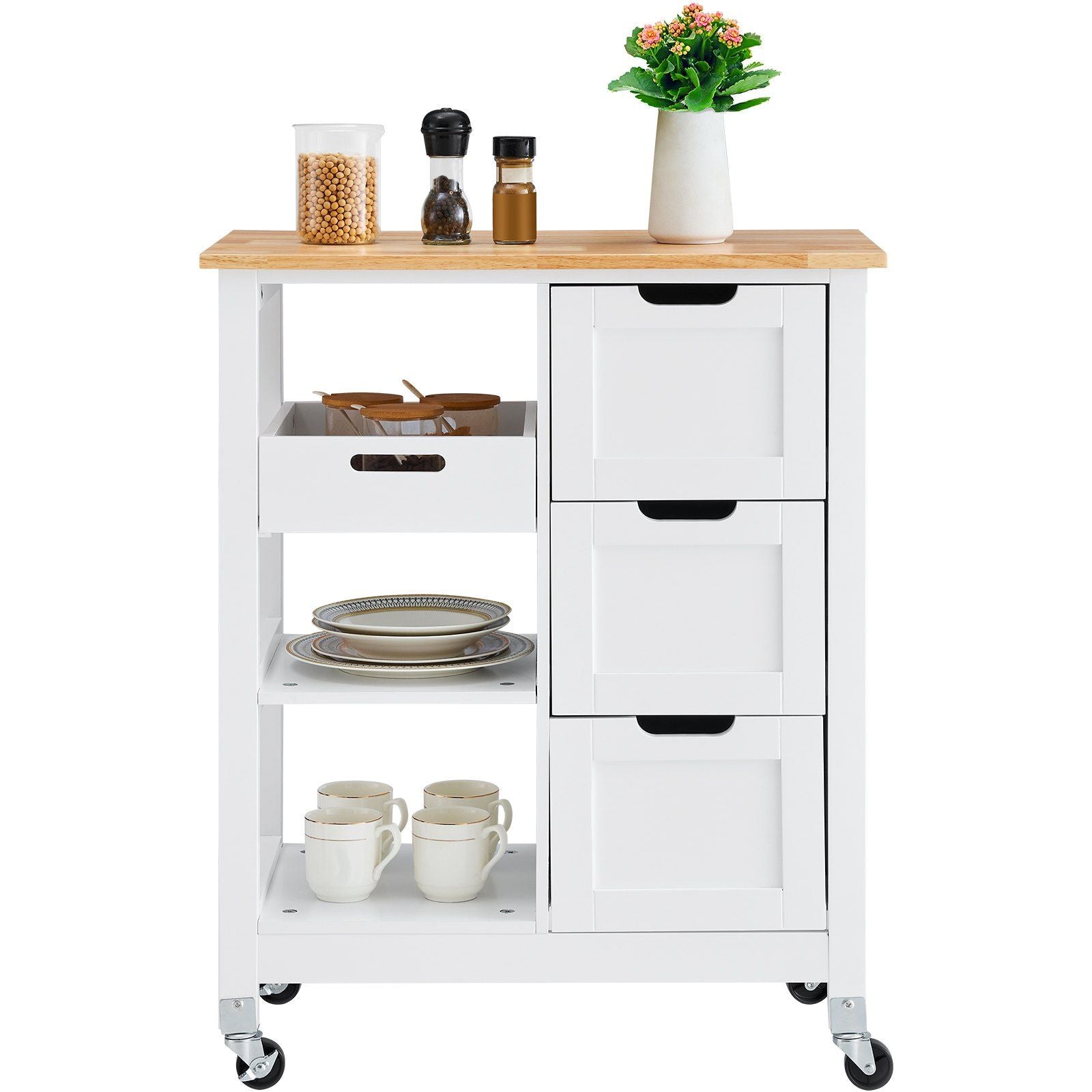 Rolling Portable Small Kitchen Island Cart On Wheels With Solid Wood Top, Dining Room Serving Utility Carts Mobile Movable With 3 Drawers And Storage Shelves Cabinet - White