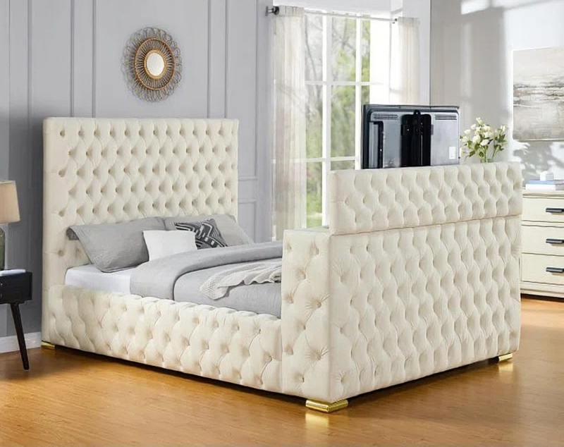 3-Piece Bed with Built-in Fireplace and TV Mount - Beige by Mollai Collections | Bel Furniture