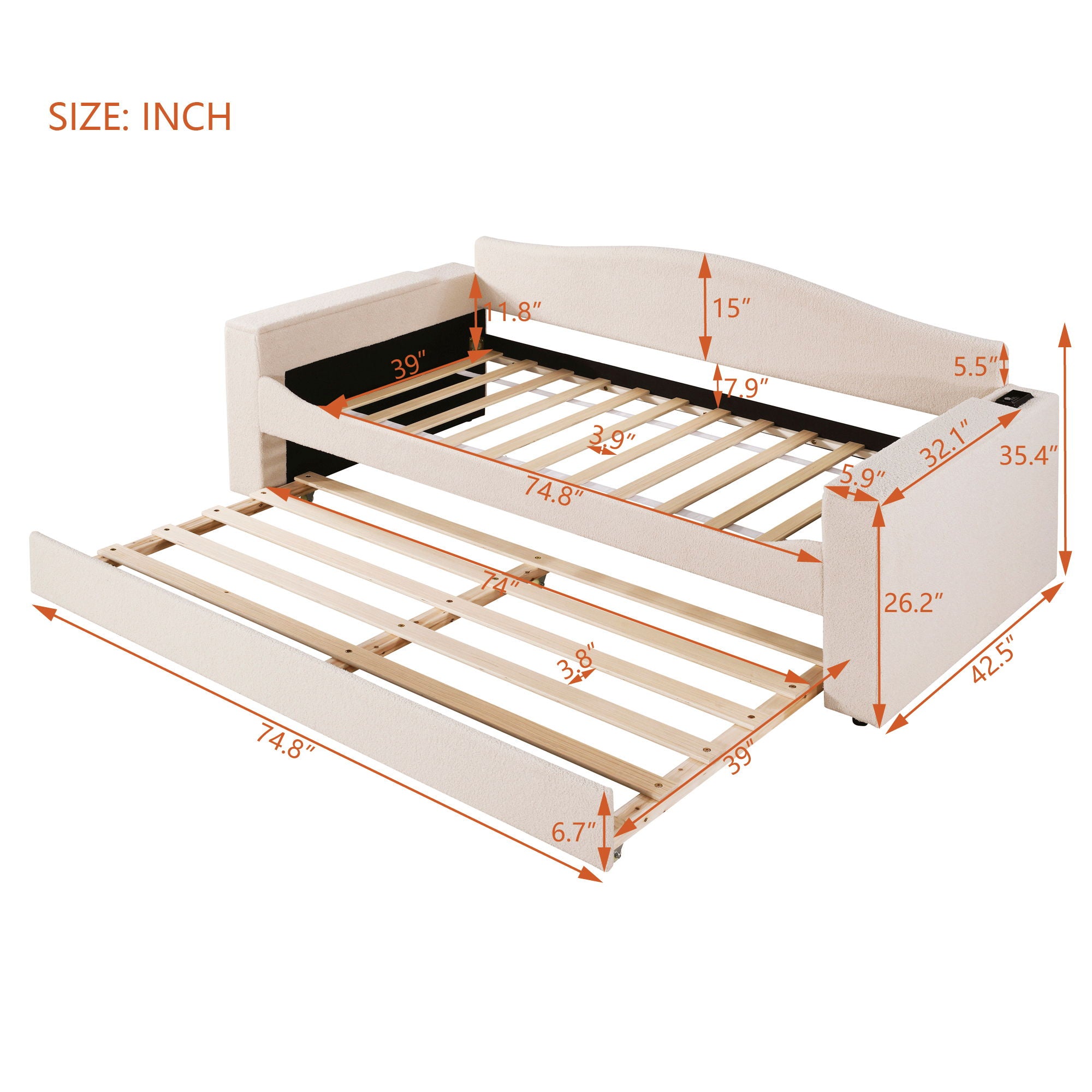 Twin Size Upholstered Daybed With Storage Armrests, Trundle And Latest Integrated Bluetooth Audio System, Teddy Fleece