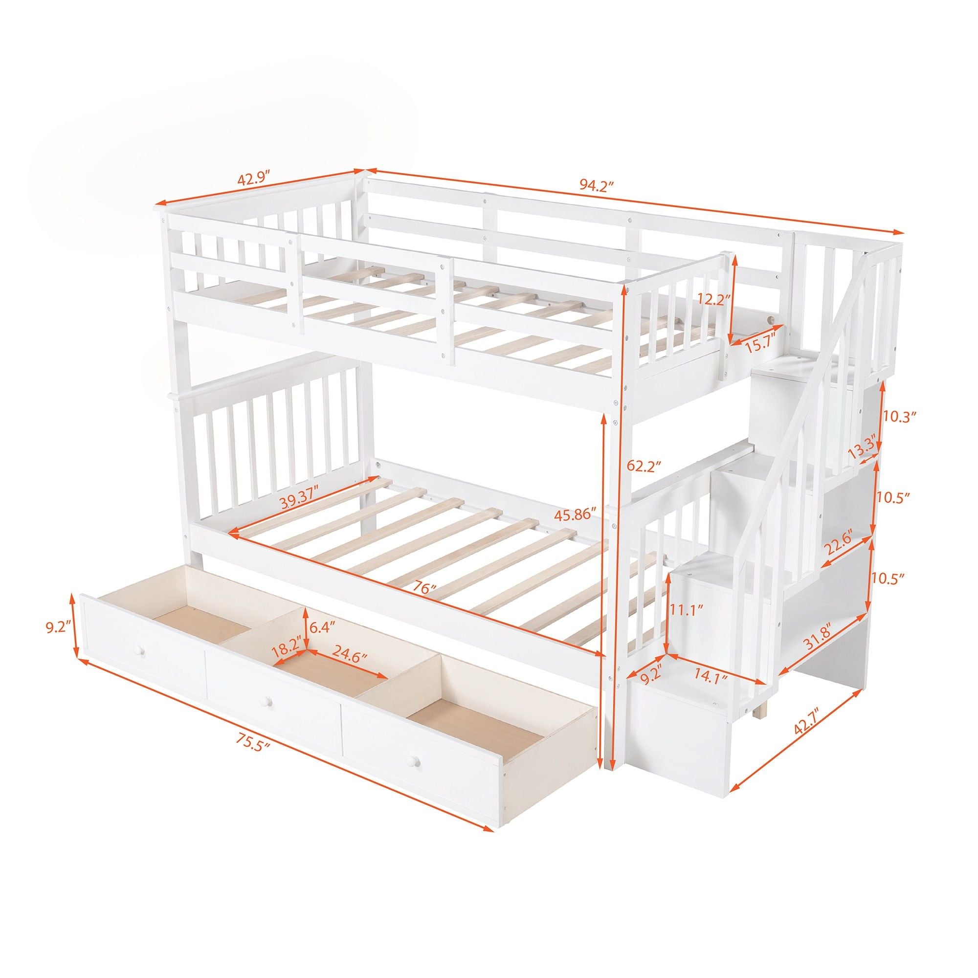 Twin Over Twin Bunk Bed with Stairway and Drawers - White