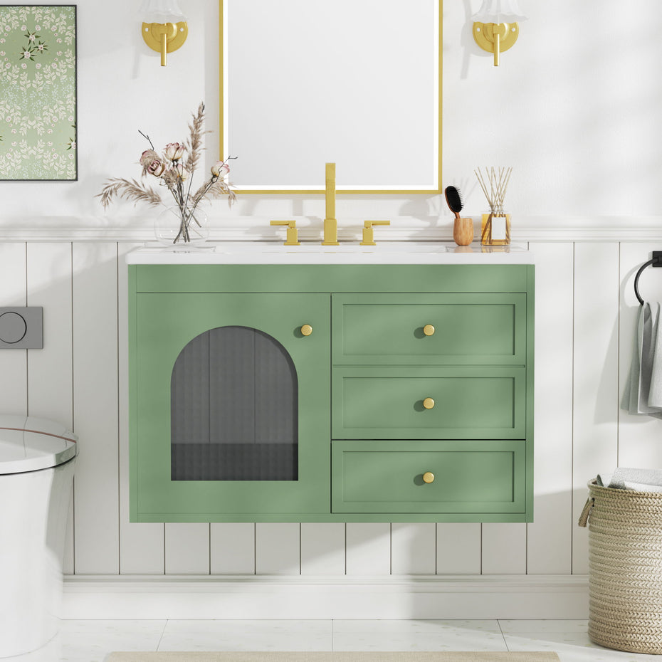 Elegant Floating Bathroom Vanity Sink And Cabinet Combo 1 Door And 2 Drawers - Green