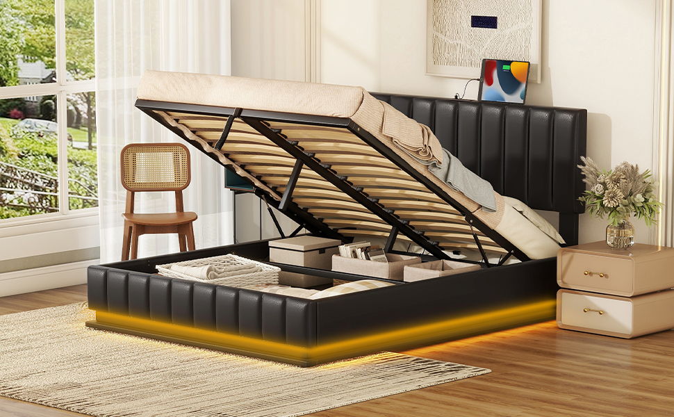 Queen Size Upholstered Bed With Hydraulic Storage System And LED Light, Modern Platform Bed With Sockets And USB Ports