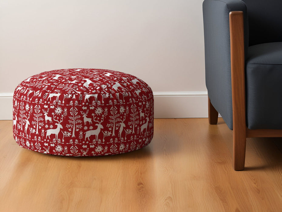 Cotton Round Stag Pouf Ottoman - Red / White