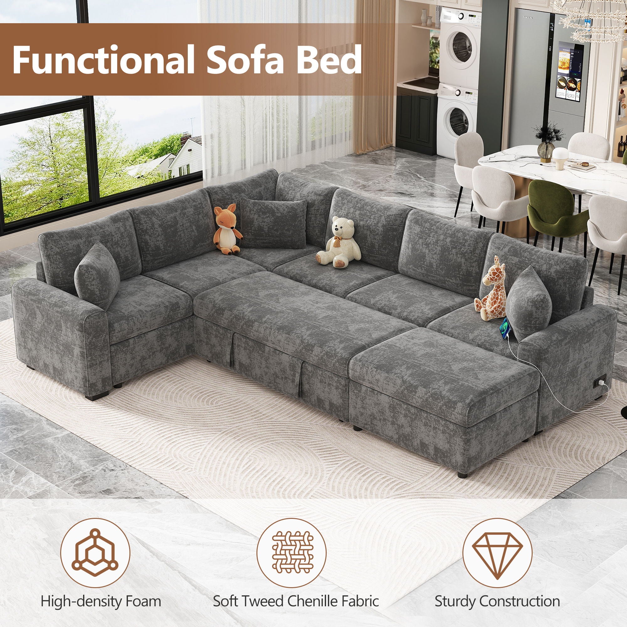 Sectional Sofa Pull-Out Sofa Bed Sleeper With A Storage Ottoman, Three Pillows And Charging Devices For Living Room