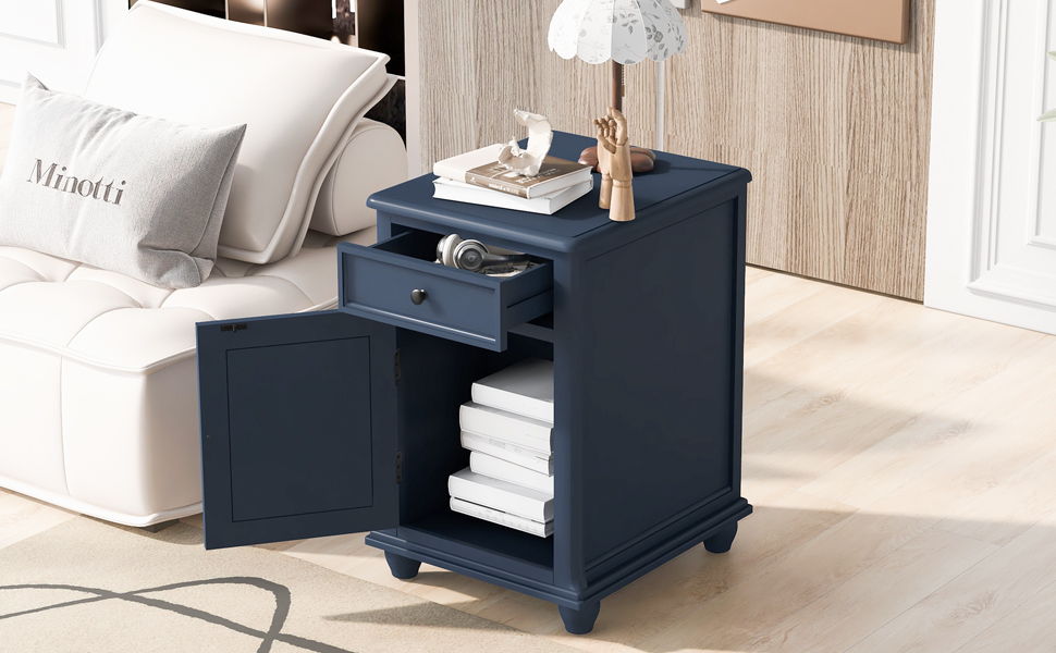 End Table With Solid Wood Legs, Side Table With USB Ports, 1 Storage Cabinet And 1 Drawer For Living Room