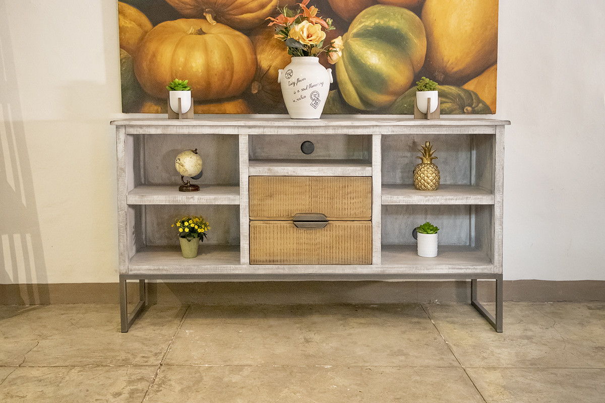 Solid Wood Open Shelving Distressed TV Stand - Light Gray