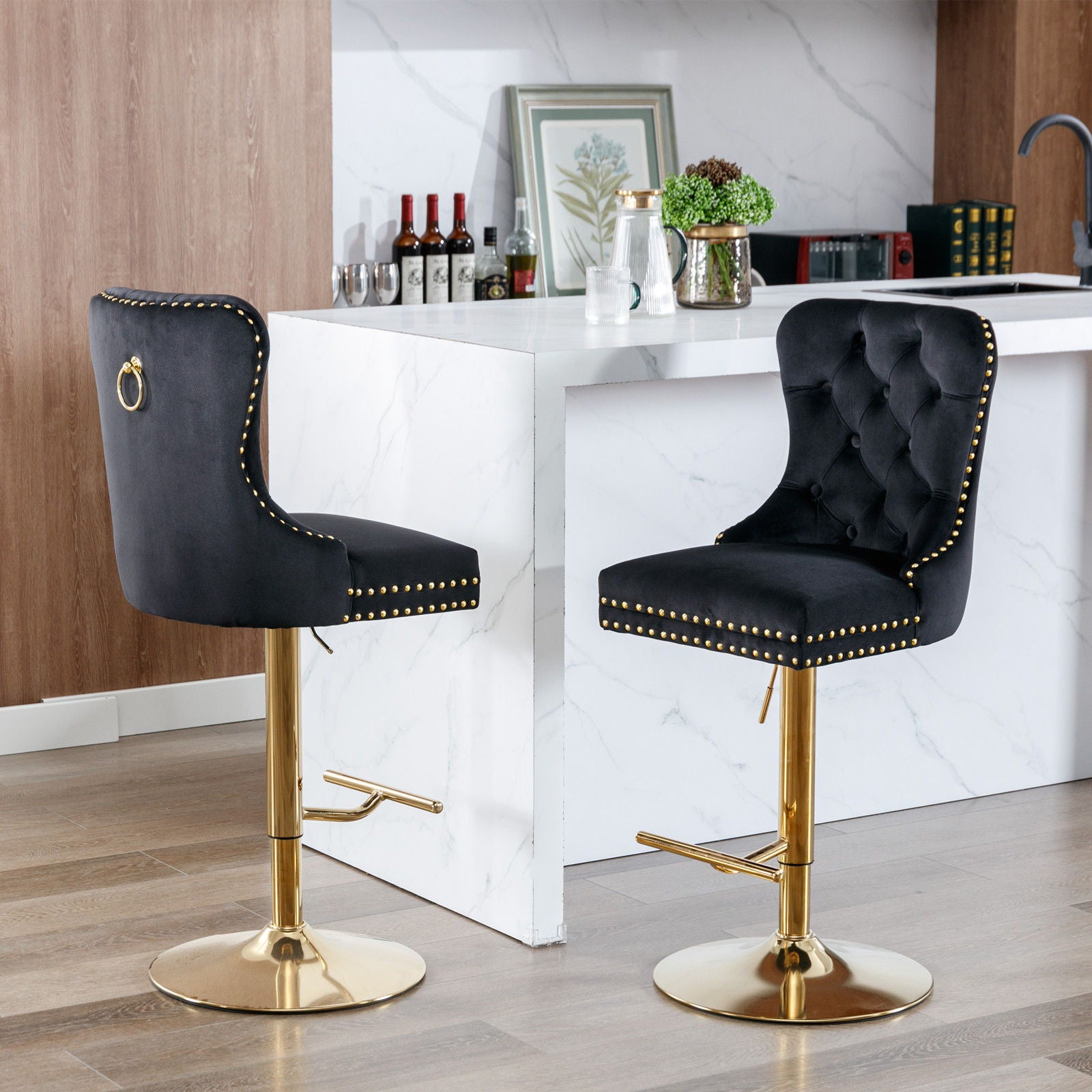 Thick Golden Swivel Velvet Barstools Adjusatble Seat Height From 25-33", Modern Upholstered Bar Stools With Backs Comfortable Tufted For Home Pub And Kitchen Island (Set of 2)