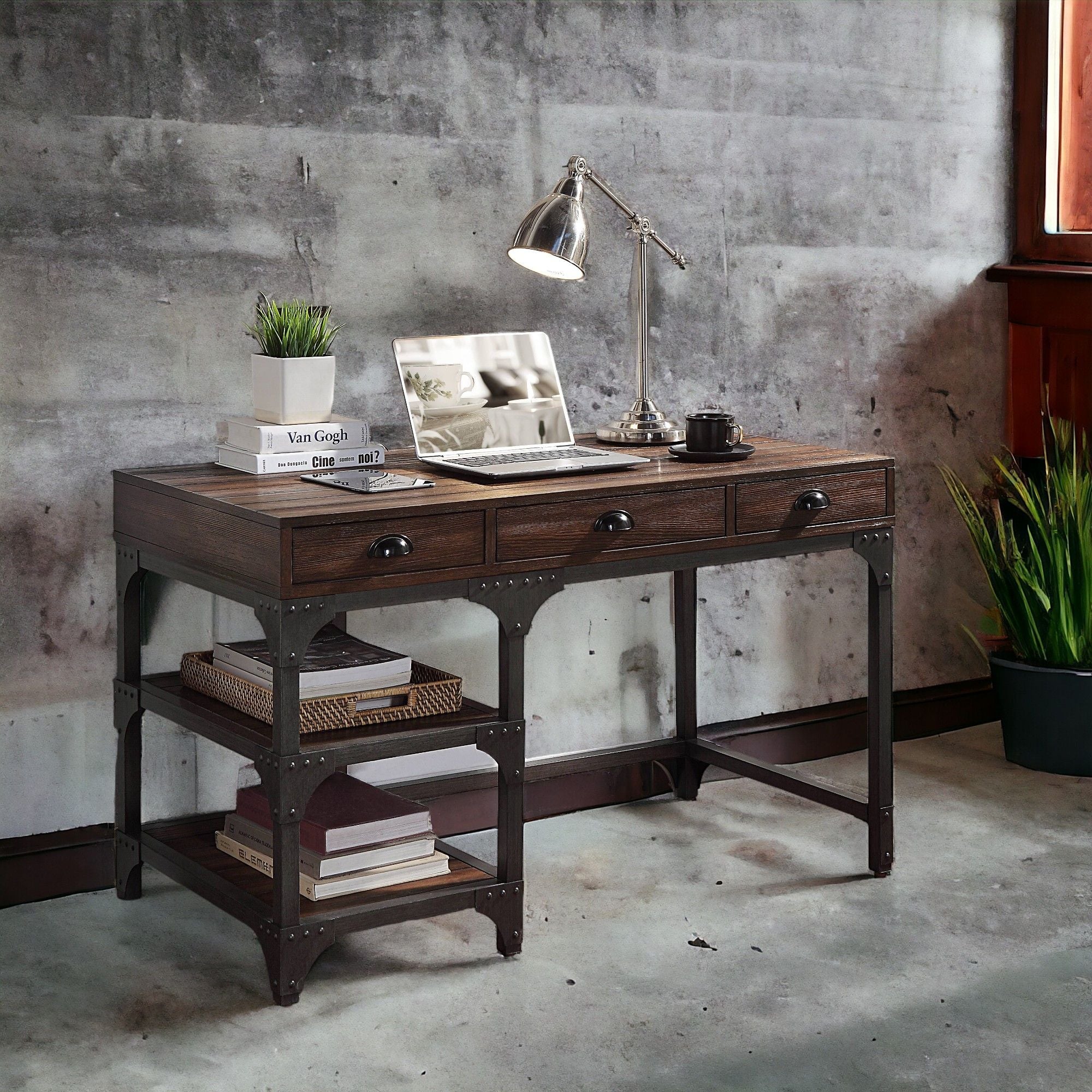 Antique Metal Writing Desk - Espresso / Oak