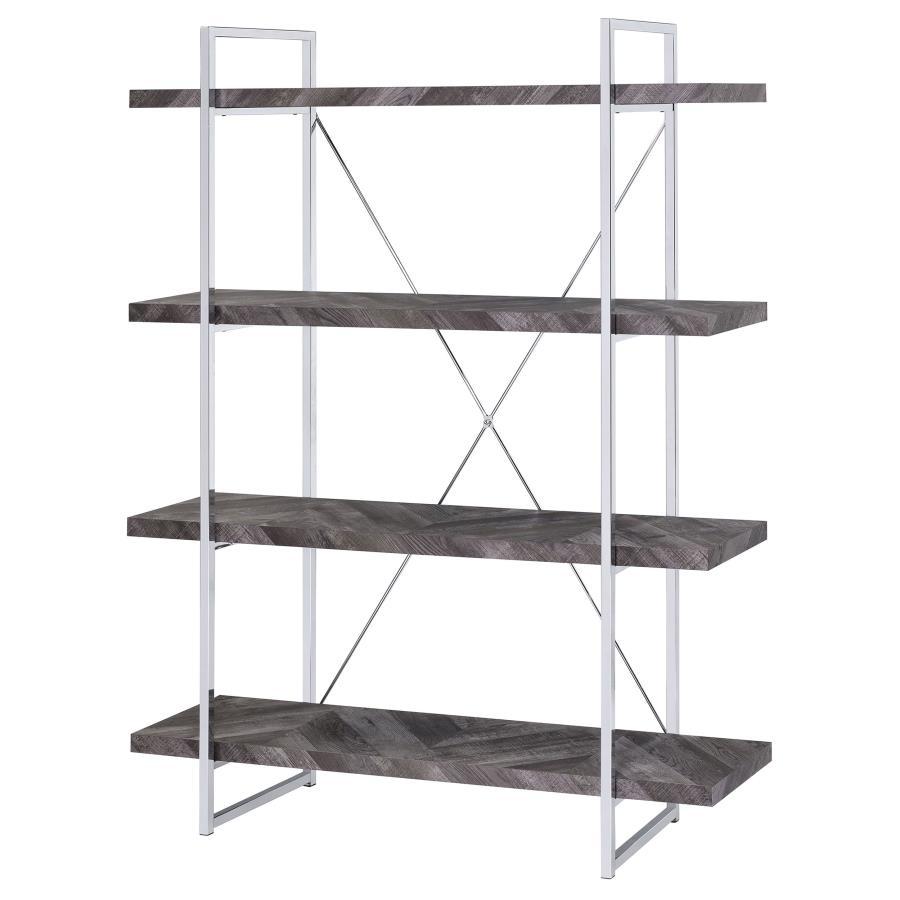Grimma - 4-Shelf Bookshelf - Rustic Gray And Chrome by CoasterEssence | Bel Furniture