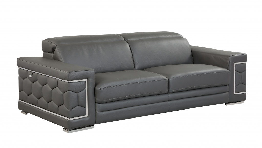 Sofa Italian Leather With Silver Legs - Gray