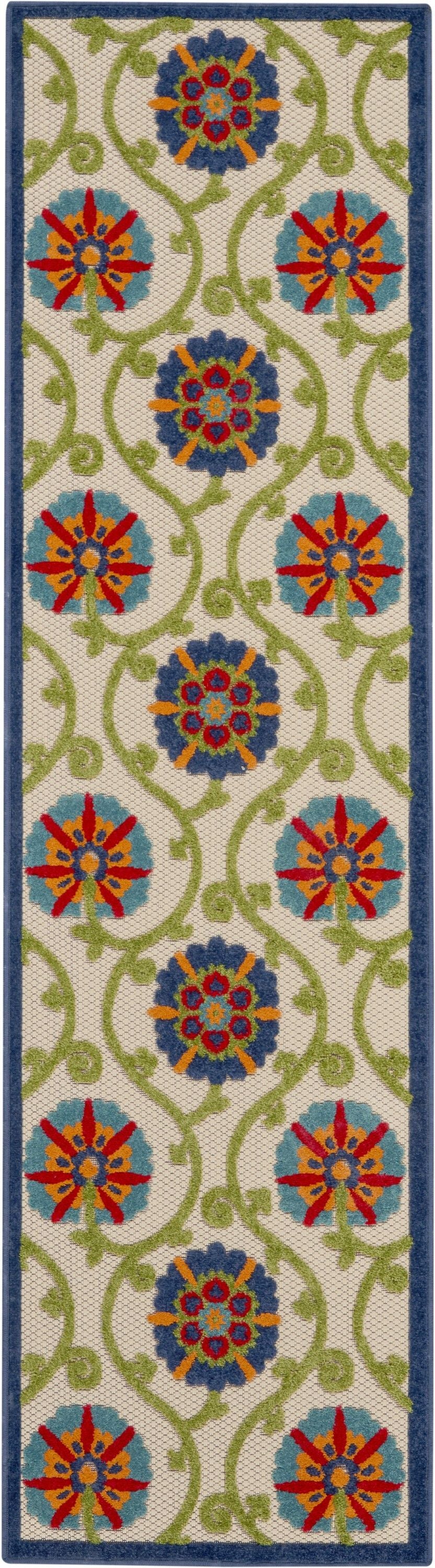 2' X 6' Floral Indoor / Outdoor Area Rug - Ivory / Blue