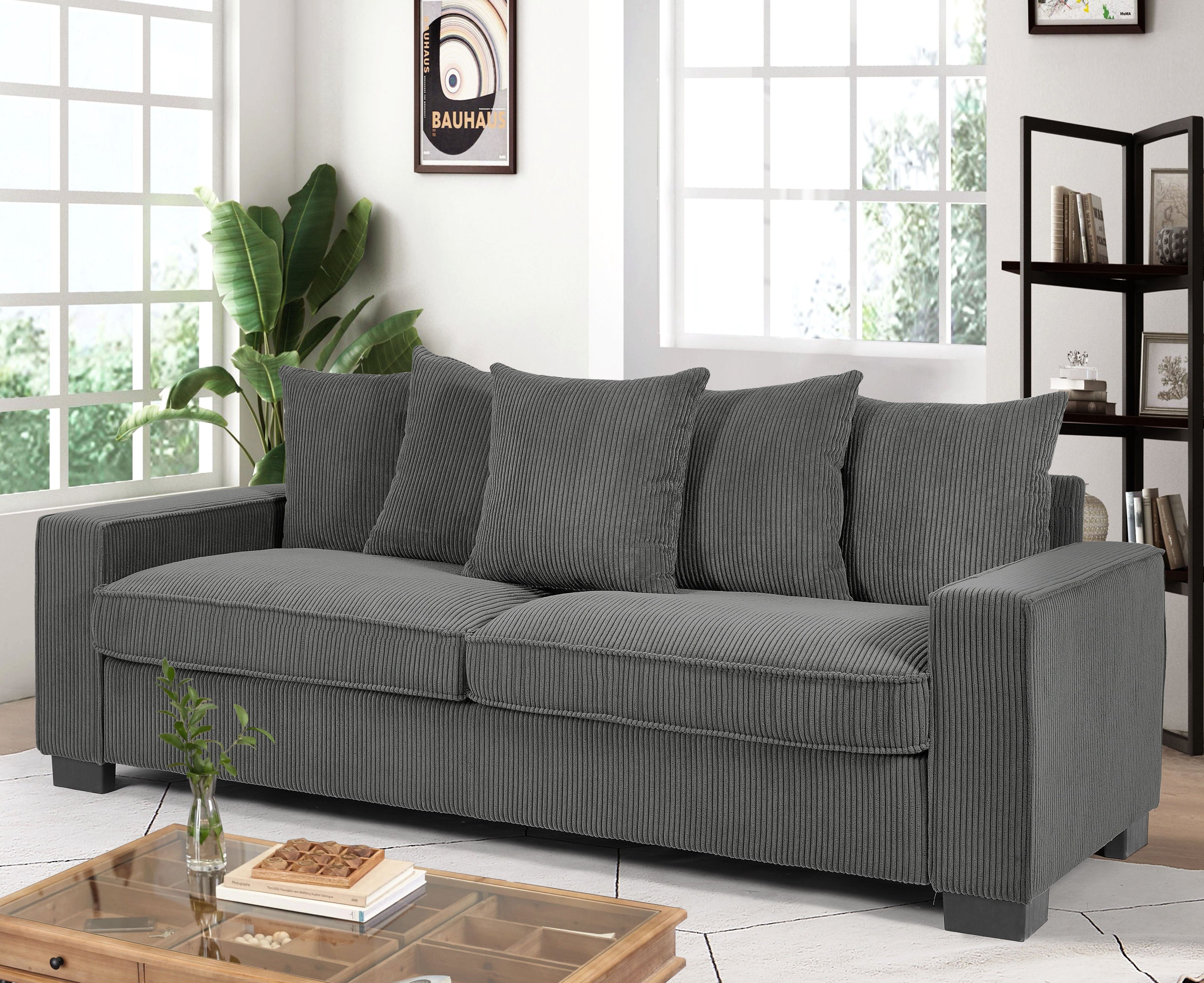 Luxe Corduroy Sofa With 5 Matching Toss Pillows, Sleek Design, Spacious And Comfortable 3 Seater Couch