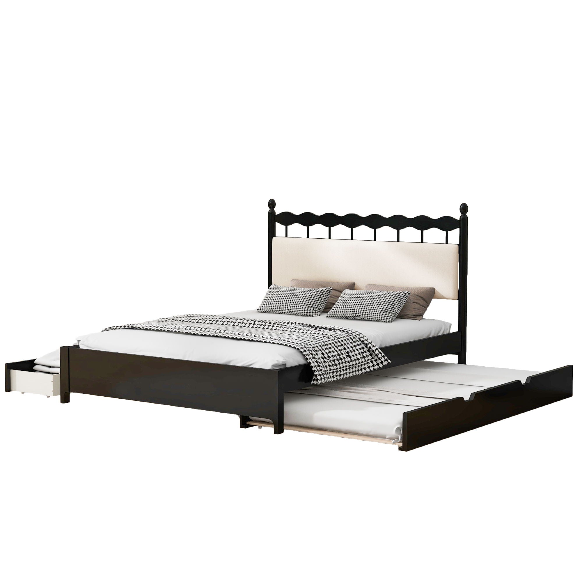 Wooden Storage Platform Bed, With 2 Big Drawers & Trundle