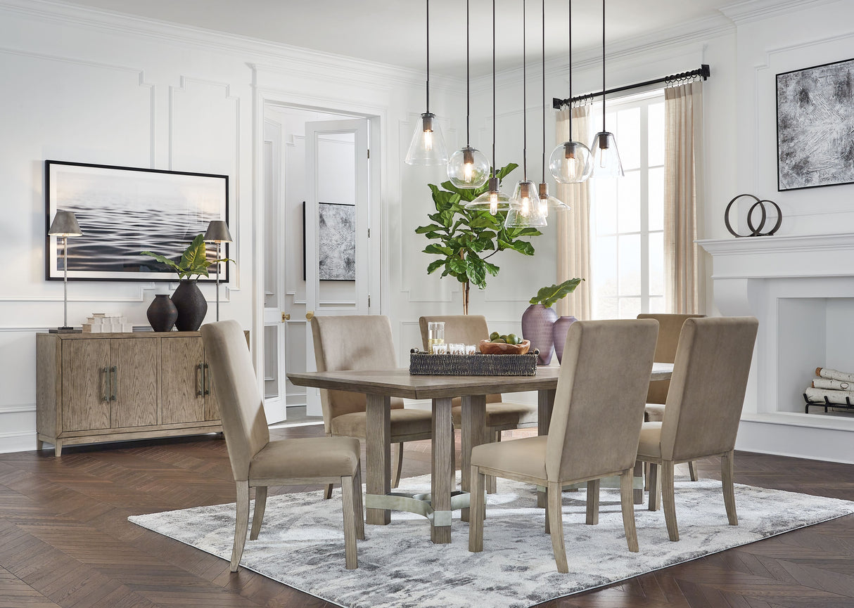 Chrestner - Dining Room Set Beige 8 Pc. - Rectangular Dining Room Table, 6 Side Chairs, Server by Signature Design by Ashley® | Bel Furniture