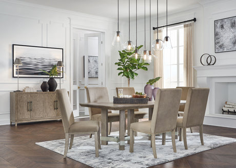 Chrestner - Dining Room Set Beige 8 Pc. - Rectangular Dining Room Table, 6 Side Chairs, Server by Signature Design by Ashley® | Bel Furniture