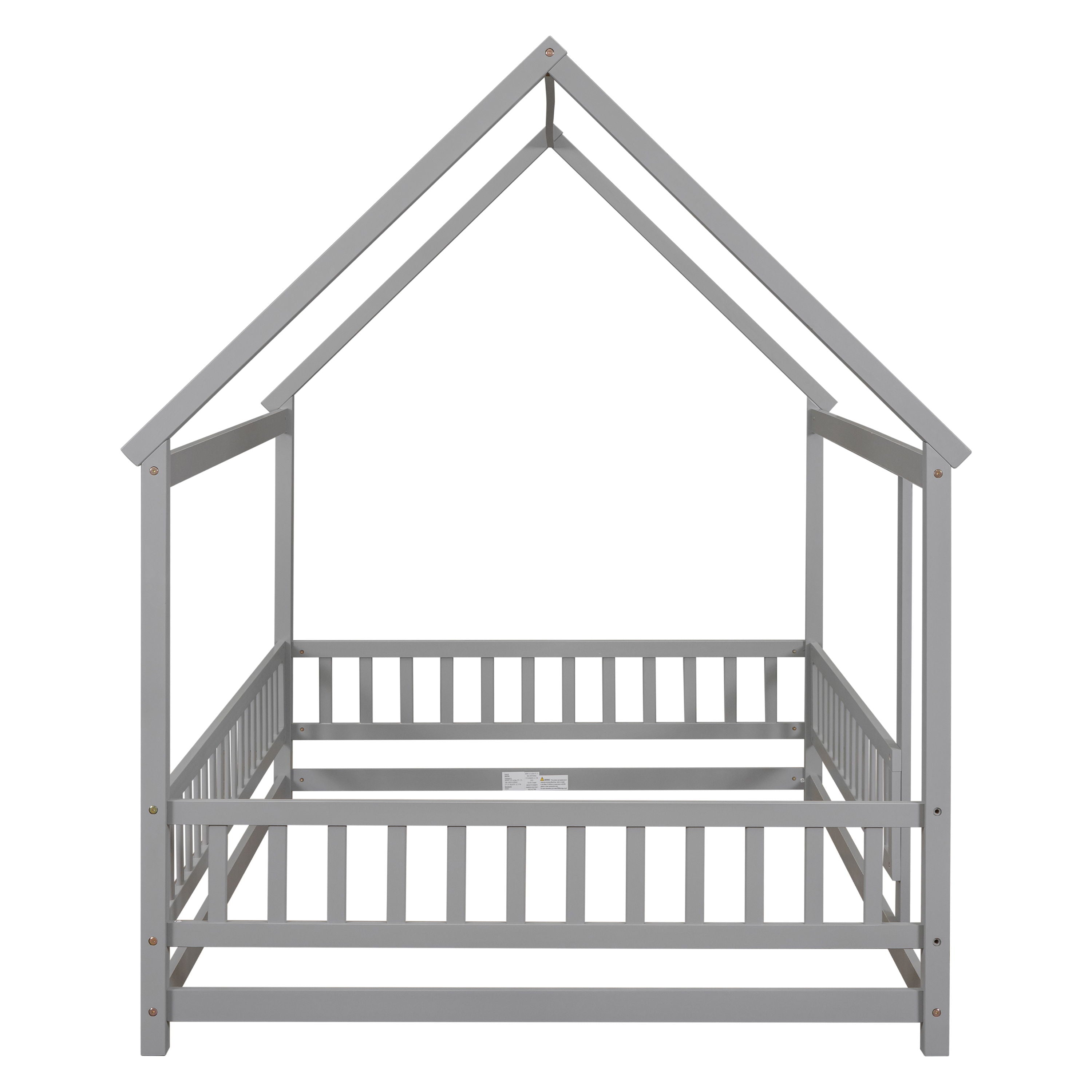 Floor Wooden Bed With House Roof Frame, Fence Guardrails