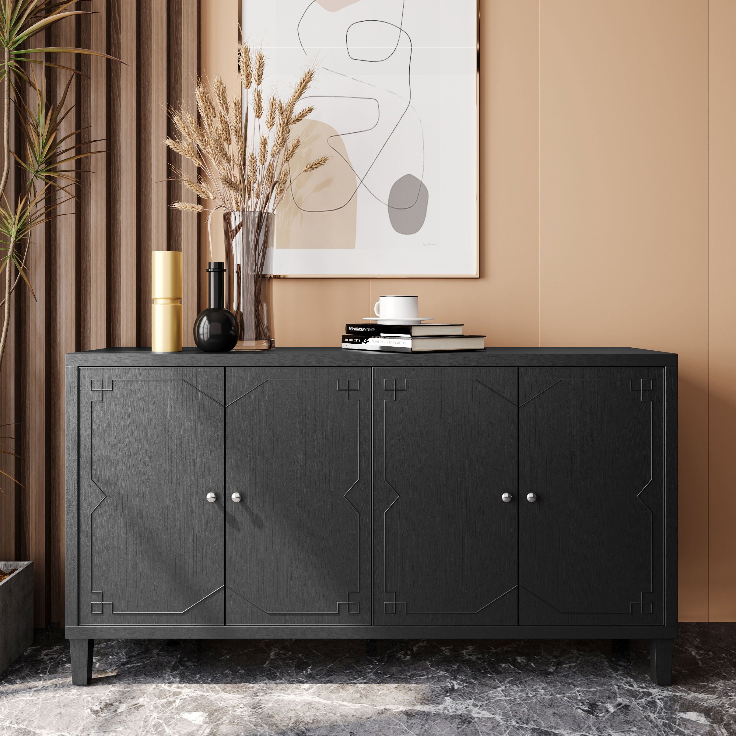 Accent Cabinet 4 Door Wooden Cabinet Sideboard Buffet Server Cabinet Storage Cabinet, For Living Room, Entryway, Hallway, Office, Kitchen And Dining Room - Matte Black