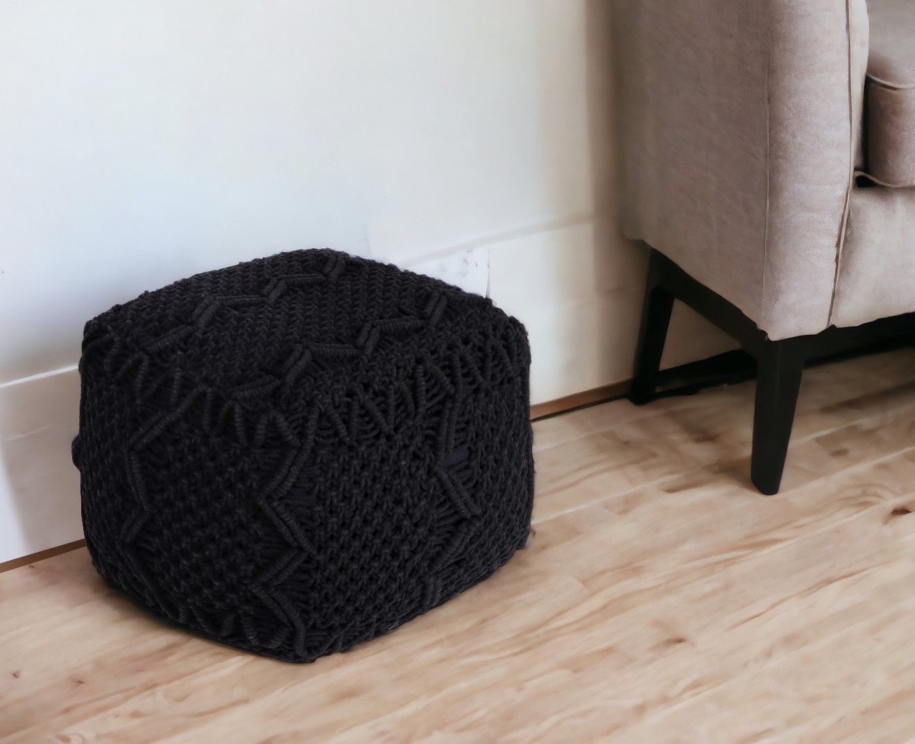 Cotton Blend Pouf Ottoman - Black