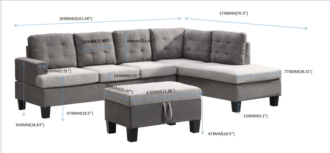 Sofa Set For Living Room With Chaise Lounge And Storage Ottoman, Living Room Furniture - Gray