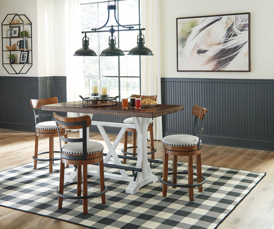 Valebeck - Counter Height Table Set White 5 Pc. - Rectangular Dining Room Counter Table, 4 Upholstered Swivel Barstools by Signature Design by Ashley® | Bel Furniture