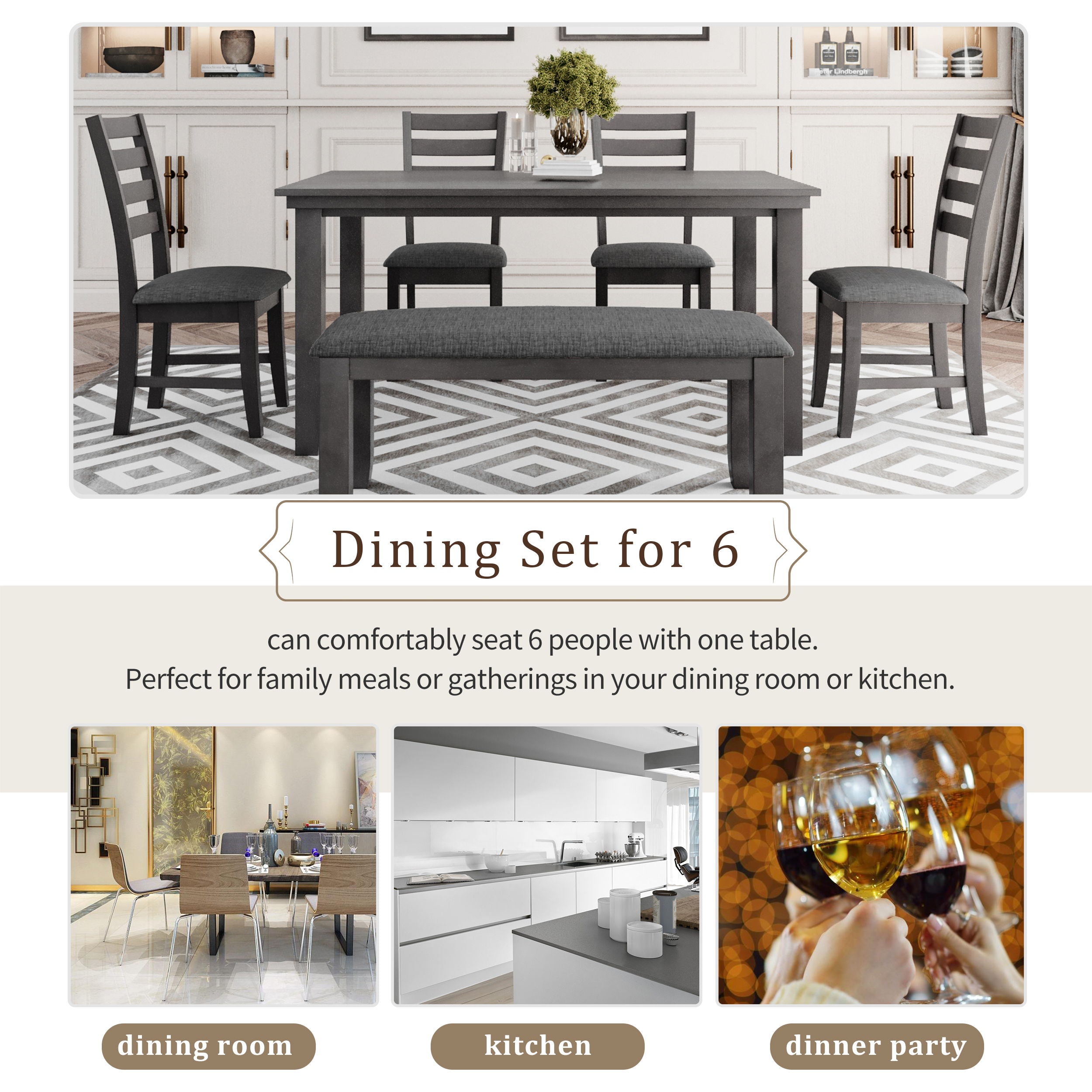 Dining Room Table And Chairs With Bench, Rustic Wood Dining Set (Set of 6) - Gray