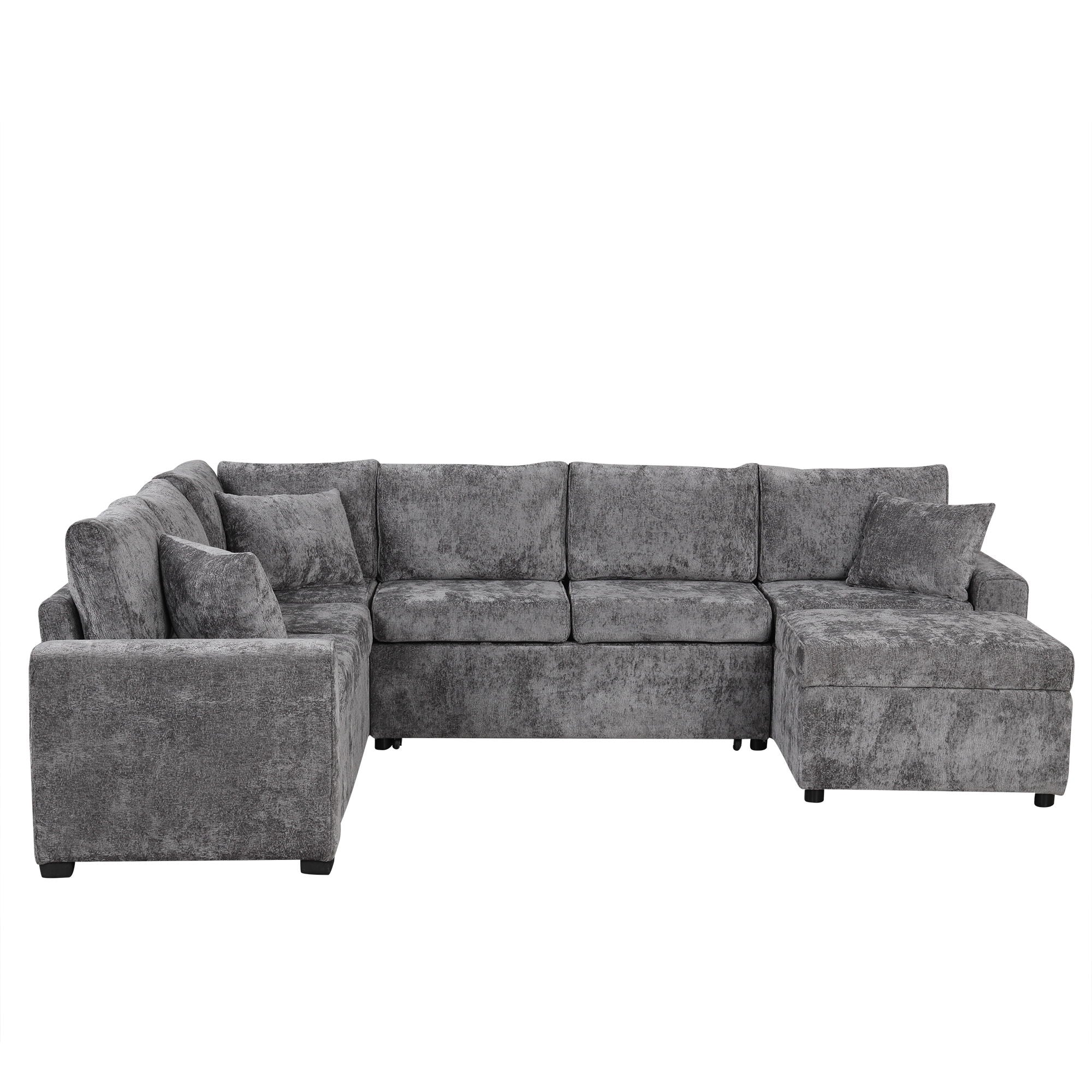 Sectional Sofa Pull-Out Sofa Bed Sleeper With A Storage Ottoman, Three Pillows And Charging Devices For Living Room