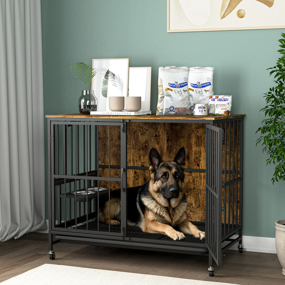 Modern Kennel Dogs Room Up To 80 Lb, Dog Crate Furniture With Multi-Purpose Rremovable Ttray, Double-Door Dog House, Lift Panel, 360 Degree Rotation, 3 Height Adjustable Feeding Bowls