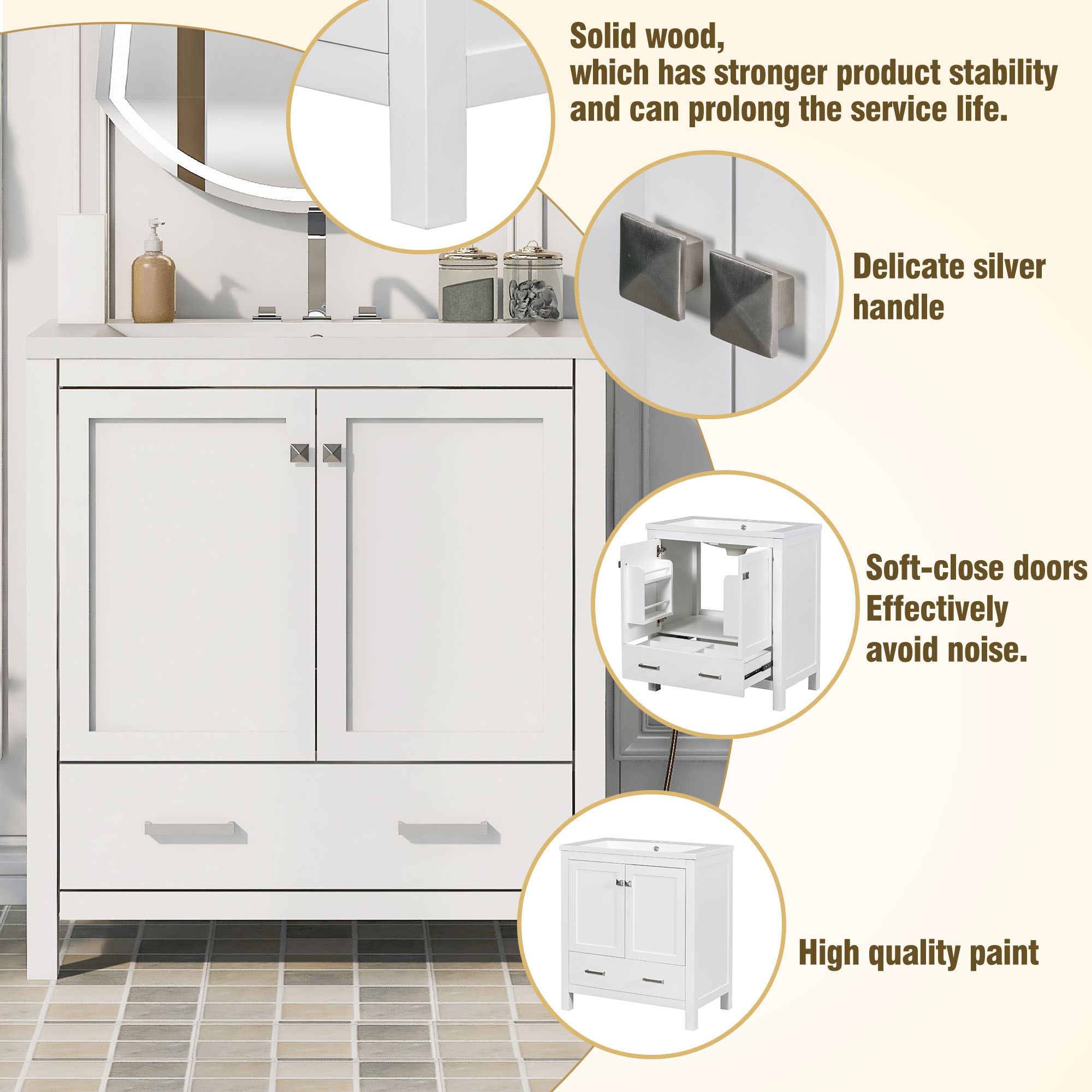 Bathroom Vanity With Single Sink, Combo Cabinet Undermount Sink, Bathroom Storage Cabinet With 2 Doors And A Drawer, Soft Closing, Multifunctional Storage, Solid Wood Frame