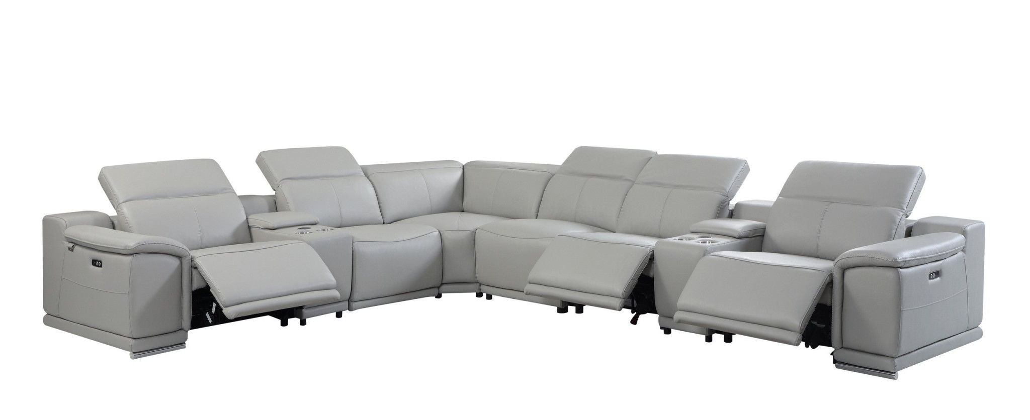 Italian Leather Power Reclining U Shaped Eight Piece Corner Sectional With Console - Light Gray