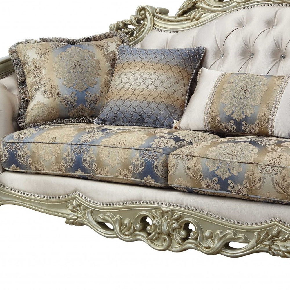 Velvet Curved Floral Sofa And Toss Pillows With Champagne Legs - Antiqued White