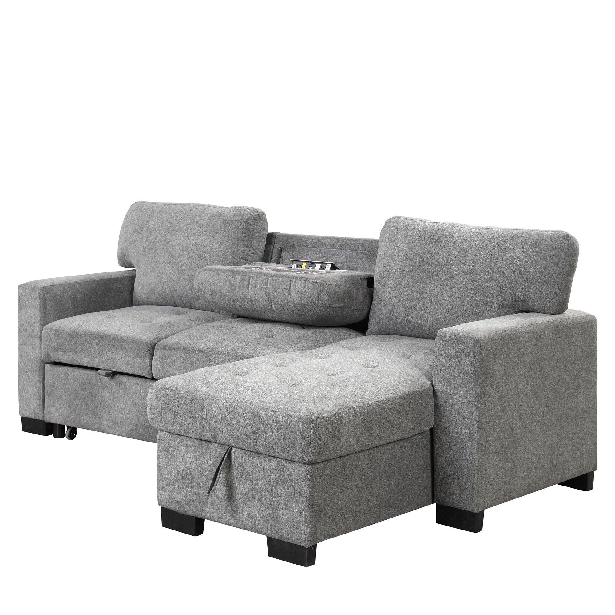 Stylish And Functional Light Chaise Lounge Sectional With Storage Rack Pull-Out Bed Drop Down Table And USB Charger