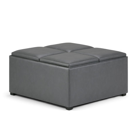 Avalon - Square Coffee Table, Storage Ottoman Dark Gray Faux Leather by Simpli-Home | Bel Furniture