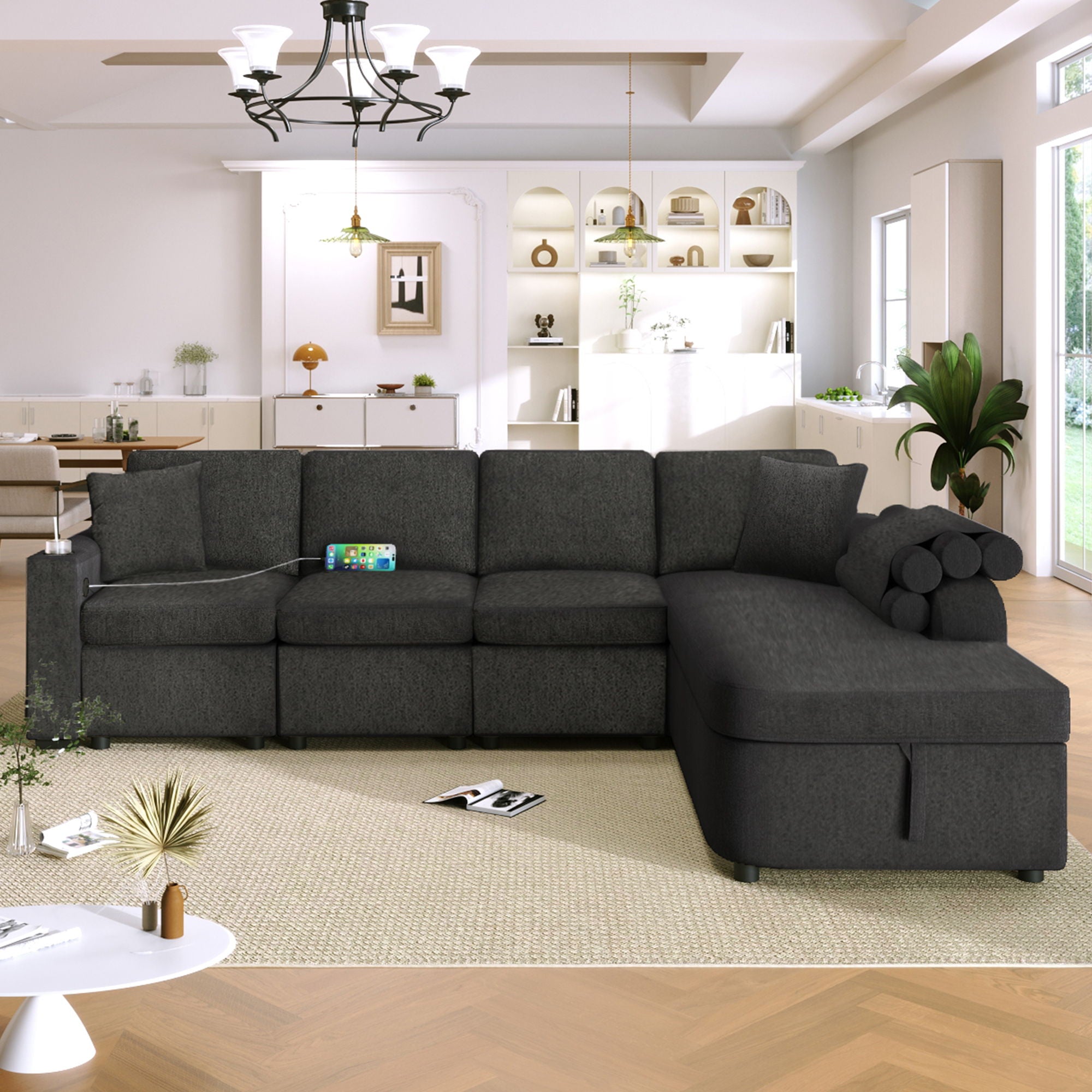 L-Shaped Couch Sectional Sofa With Storage Chaise, Cup Holder And USB Ports For Living Room