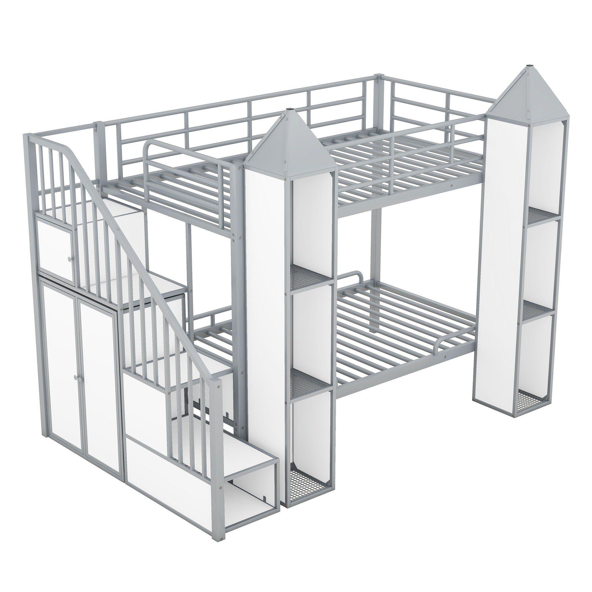 Metal Twin Over Twin Castle-Shaped Bunk Bed With Wardrobe And Multiple Storage - Gray / White