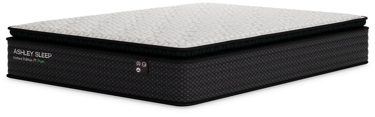 Ashley Sleep Limited Edition PT Plush pillow top mattress with black base and quilted white top - Bel Furniture