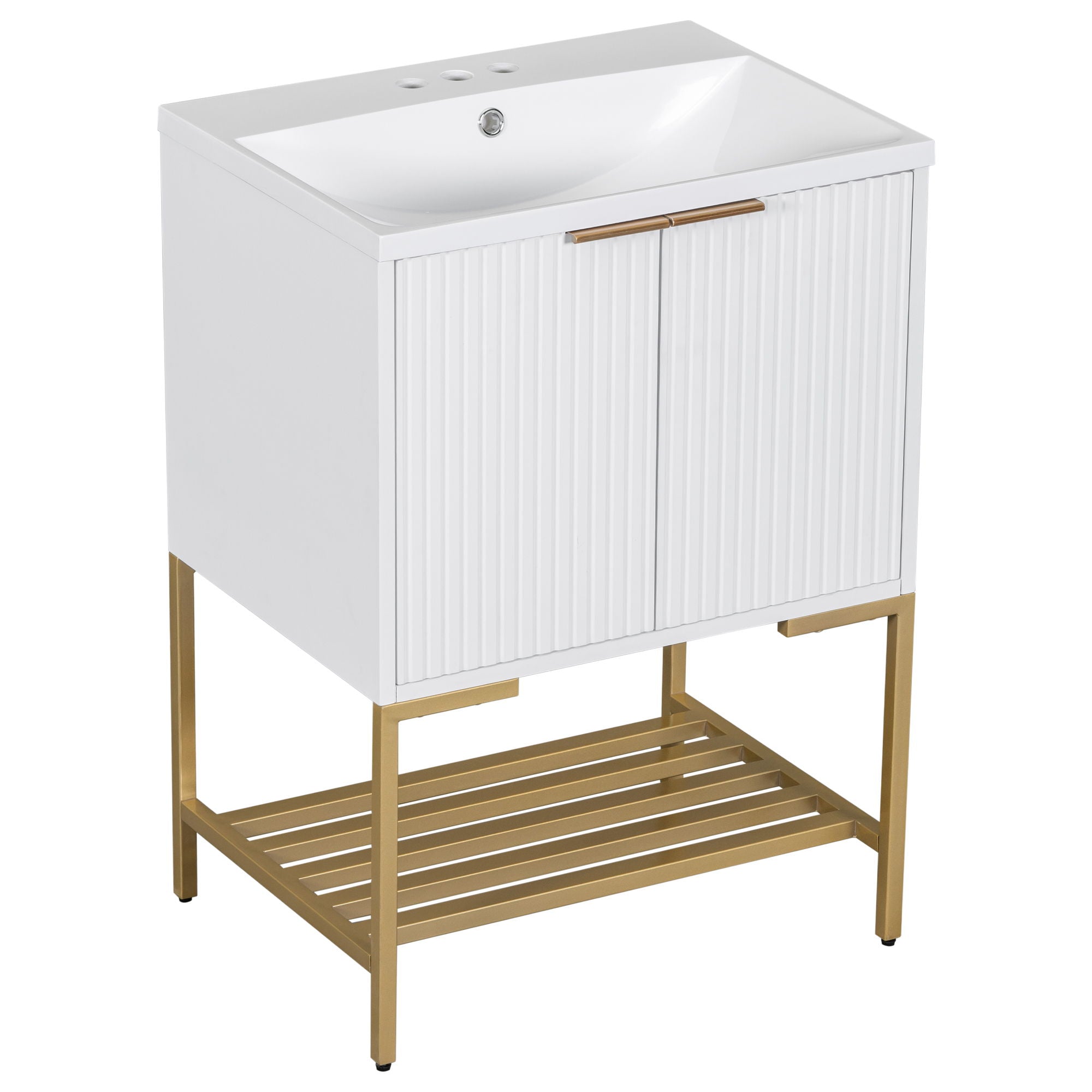 Bathroom Vanity With Sink, Bathroom Vanity Cabinet With Two Doors And Metal Frame, Open Storage Shelf - White / Gold