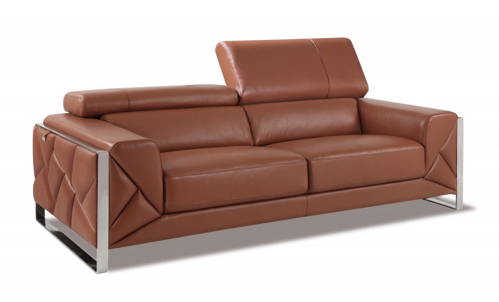 Italian Leather Sofa With Silver Legs - Camel