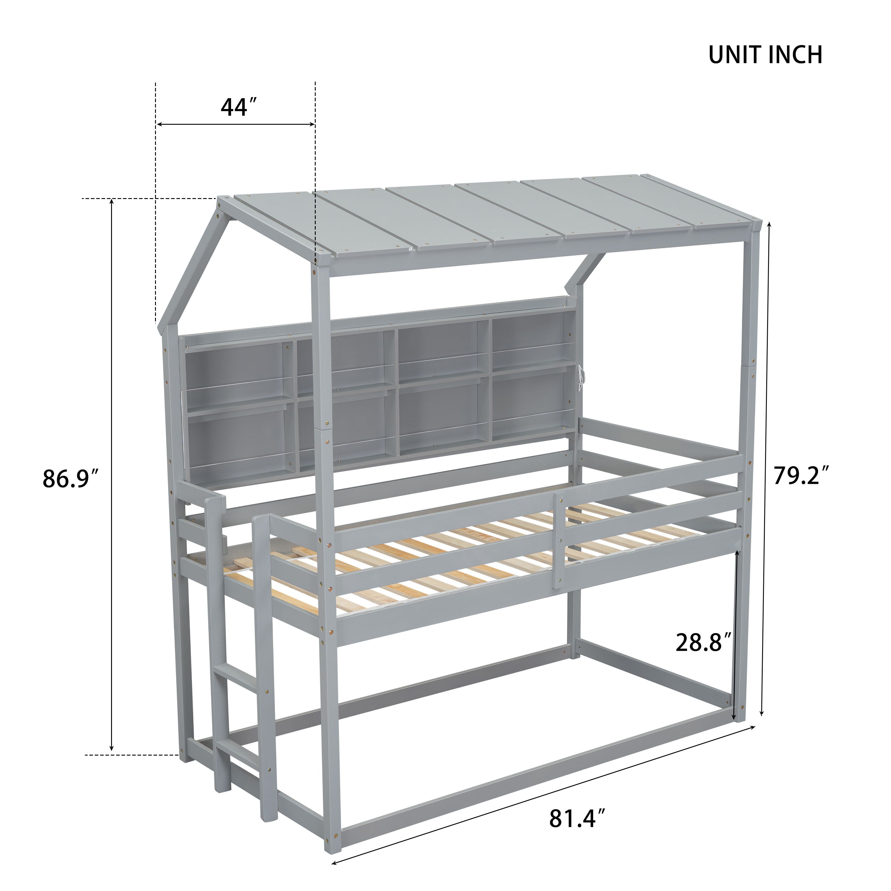 House Loft Bed With Guardrails, Semi-Enclosed Roof, Bedside Shelves And Ladder