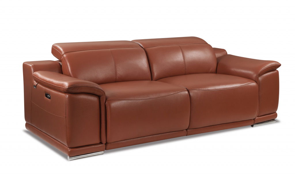 Italian Leather USB Sofa With Silver Legs - Camel