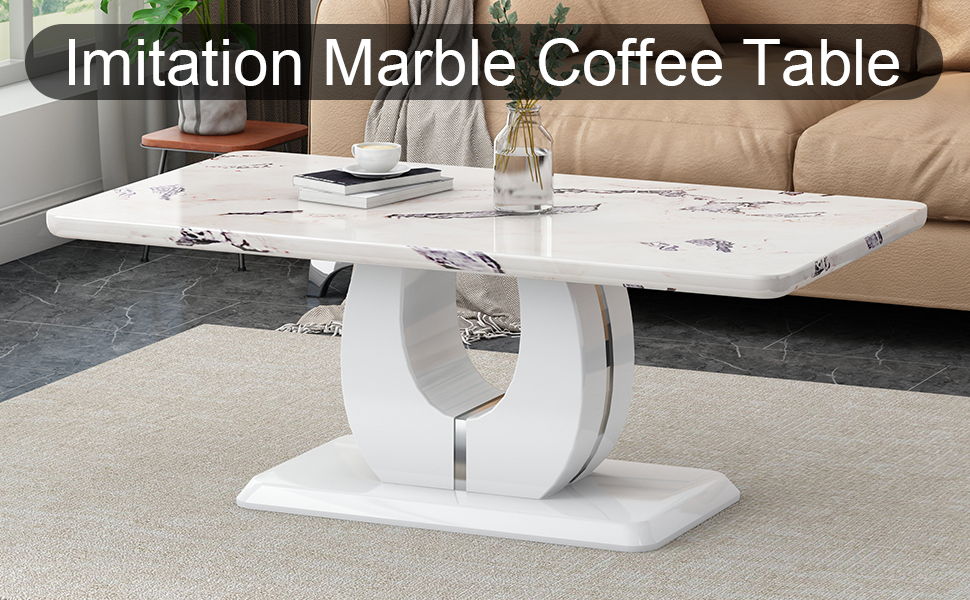 Modern Simple Luxury Imitation Marble Dining Table Rectangular Coffee Table, The Computer Desk, The Game Table, Suitable For Dining Room, Living Room, Terrace, Kitchen - White